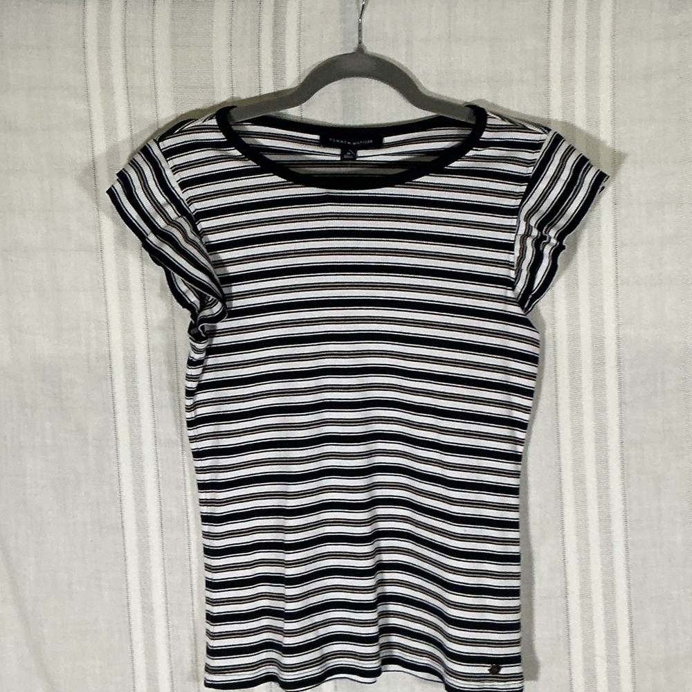 Tommy Hilfiger Blue and White Striped Short Sleeve Tee